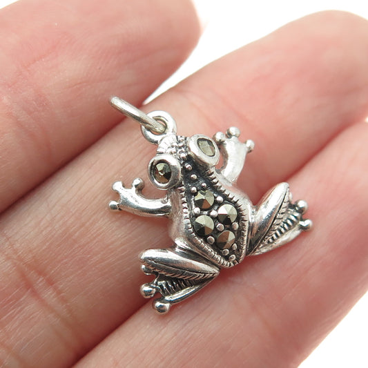 925 Sterling Silver Vintage Real Marcasite Lucky Frog Minimalist Charm Pendant