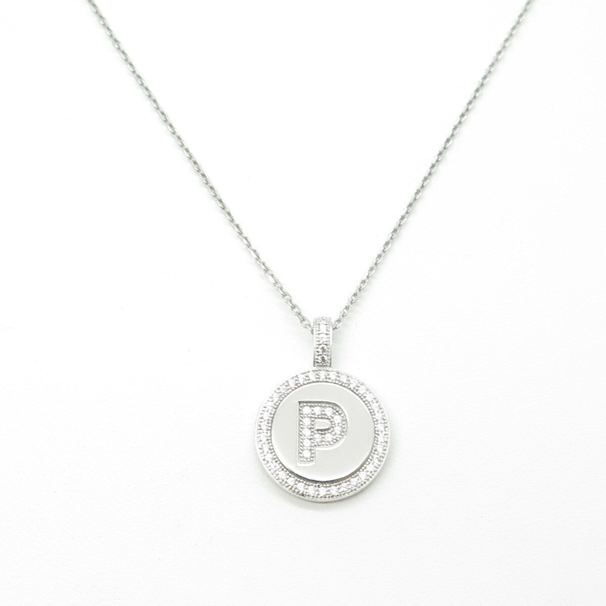 925 Sterling Silver Italy Round-Cut C Z Letter "P" Cable Chain Necklace 16"