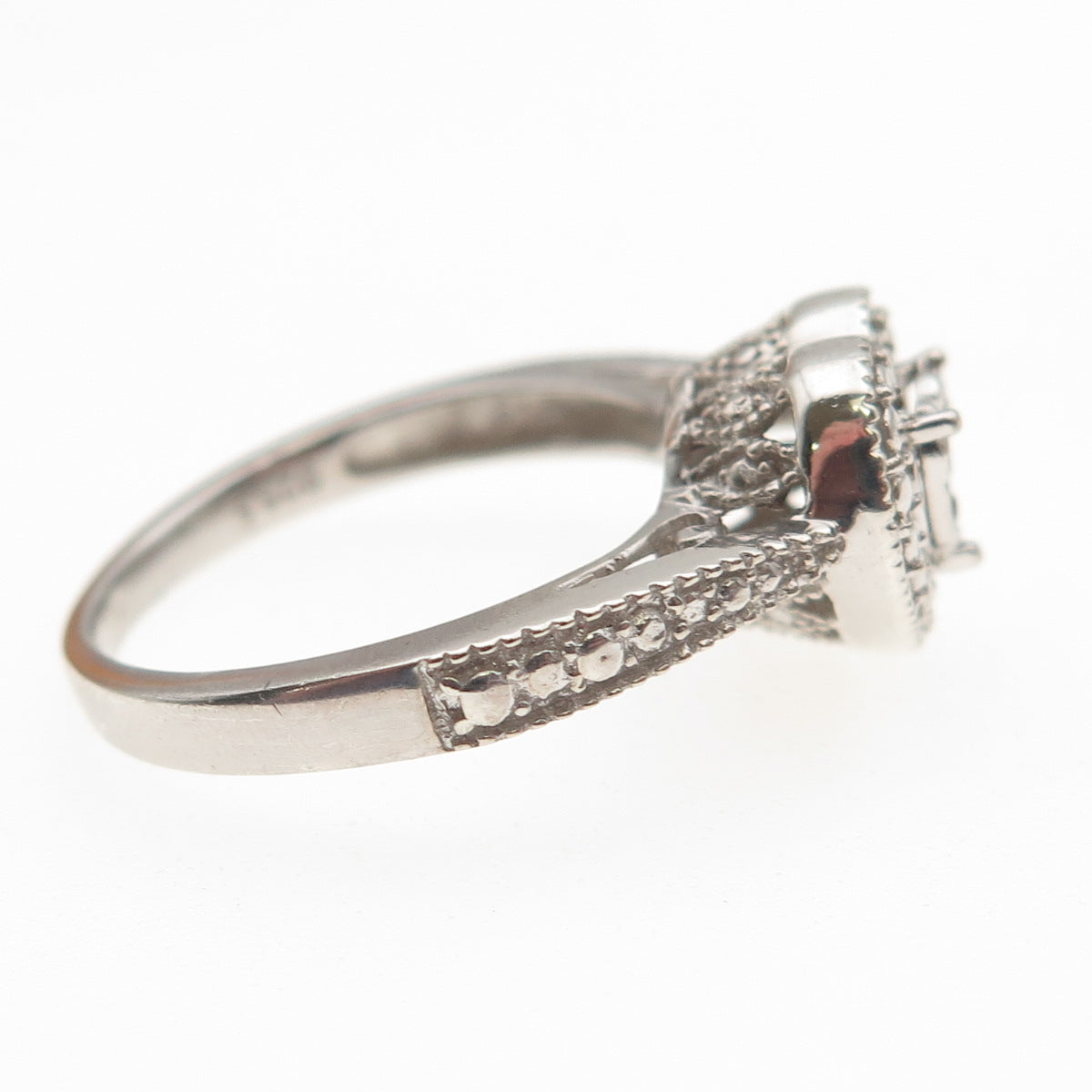925 Sterling Silver Real Round-Cut Diamond Heart Ring Size 7