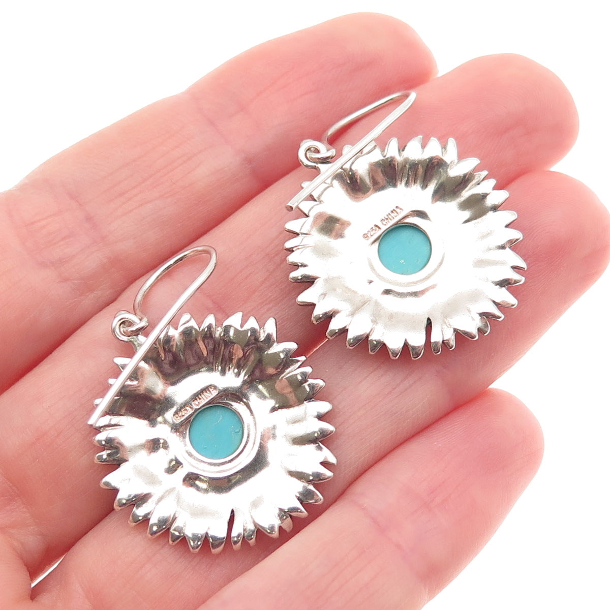 925 Sterling Silver Vintage Real Turquoise Sunflower Dangle Earrings