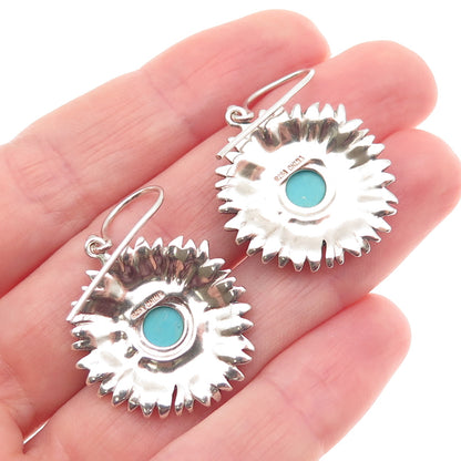 925 Sterling Silver Vintage Real Turquoise Sunflower Dangle Earrings