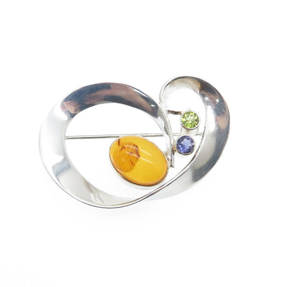 MICHOU 925 Sterling Silver Vintage Real Amber Iolite & Peridot Modernist Brooch