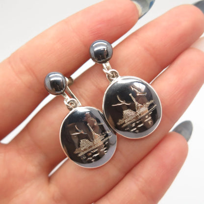925 Sterling Silver Vintage Siam Niello City Skyline Screw Back Esrrings
