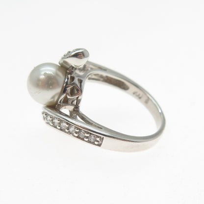 NEVADA 925 Sterling Silver Faux Pearl & C Z Bypass Ring Size 5.25