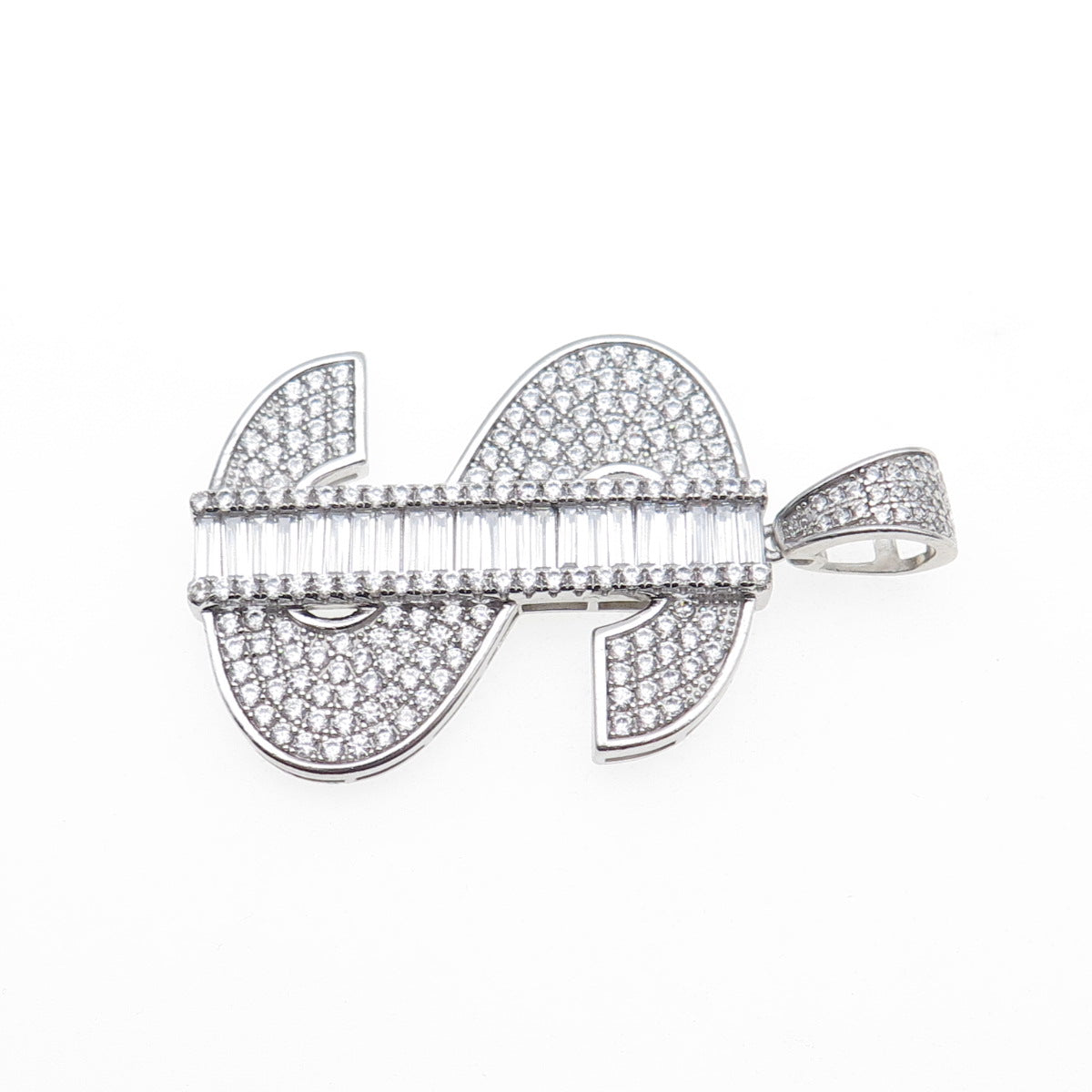 925 Sterling Silver Round & Baguette-Cut Dollar Sign Charm Pendant
