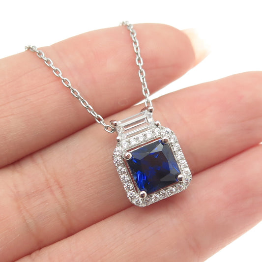 925 Sterling Silver Italy White & Blue C Z Cable Chain Necklace 16"