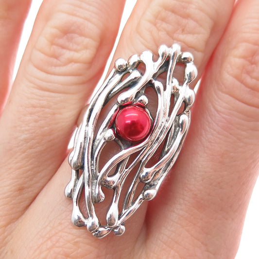 HAGIT GORALI Sterling Silver Vintage Israel Real Red Pearl Modernist Ring Size 7