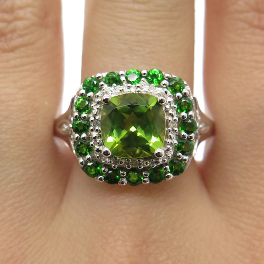 CHUCK CLEMENCY 925 Sterling Silver Real Diamond & Peridot Gem Ring Size 10.25