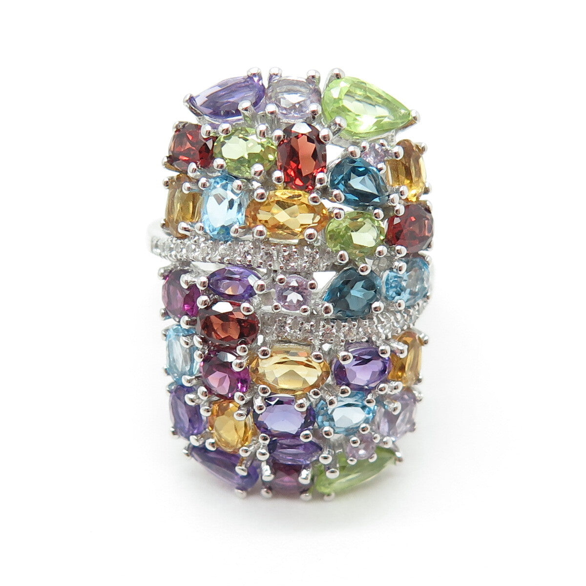 DSMK 925 Sterling White & Blue Topaz Amethyst Citrine Peridot Garnet Ring Size 7