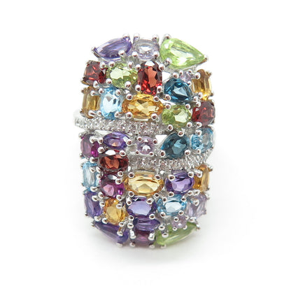 DSMK 925 Sterling White & Blue Topaz Amethyst Citrine Peridot Garnet Ring Size 7