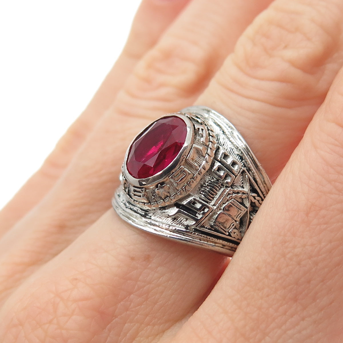 REED Sterling Silver Vintage 1996 Lab-Created Ruby Dreyfus School Ring Size 8.75