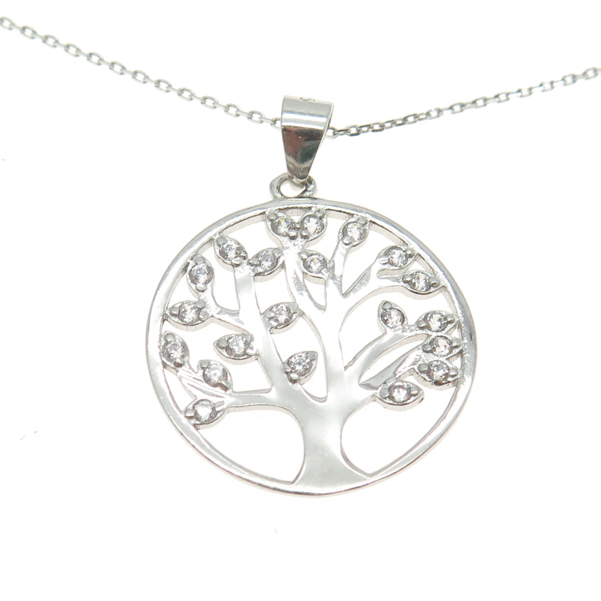 925 Sterling Silver C Z Tree of Life Cable Chain Necklace 18"