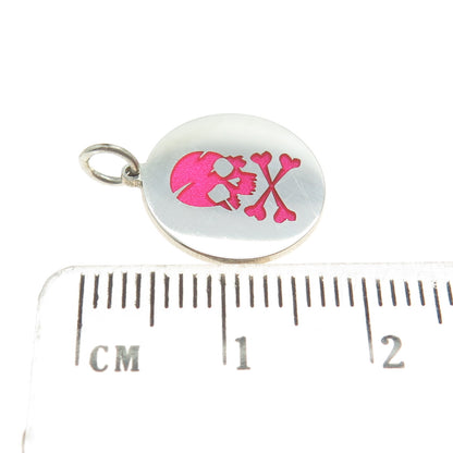 925 Sterling Silver Pink Enamel Skull Crossbones Round Minimalist Charm Pendant