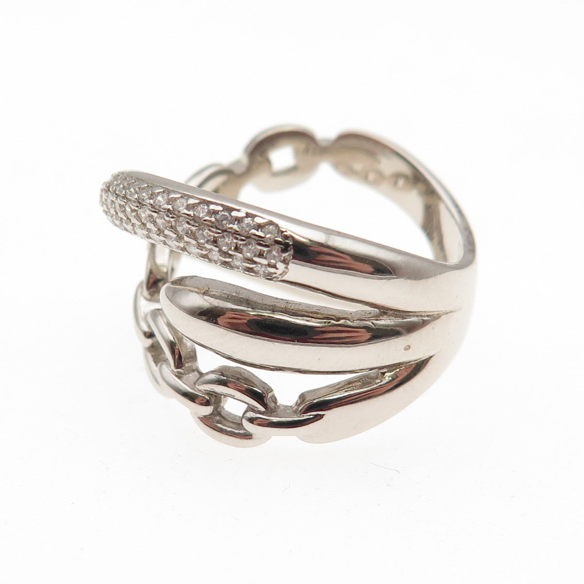 925 Sterling Silver Round-Cut C Z Multi-Chain Crossover Ring Size 6