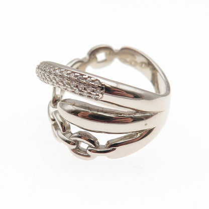 925 Sterling Silver Round-Cut C Z Multi-Chain Crossover Ring Size 6