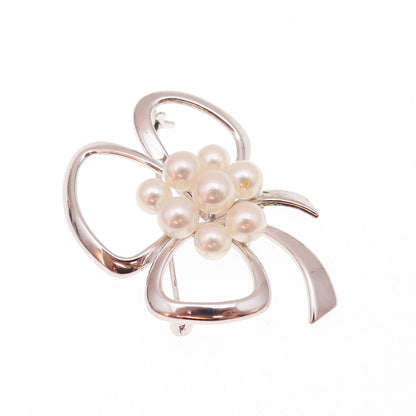 Mikimoto 925 Sterling Silver Antique Japan Real Akoya Pearl Bow Pin Brooch