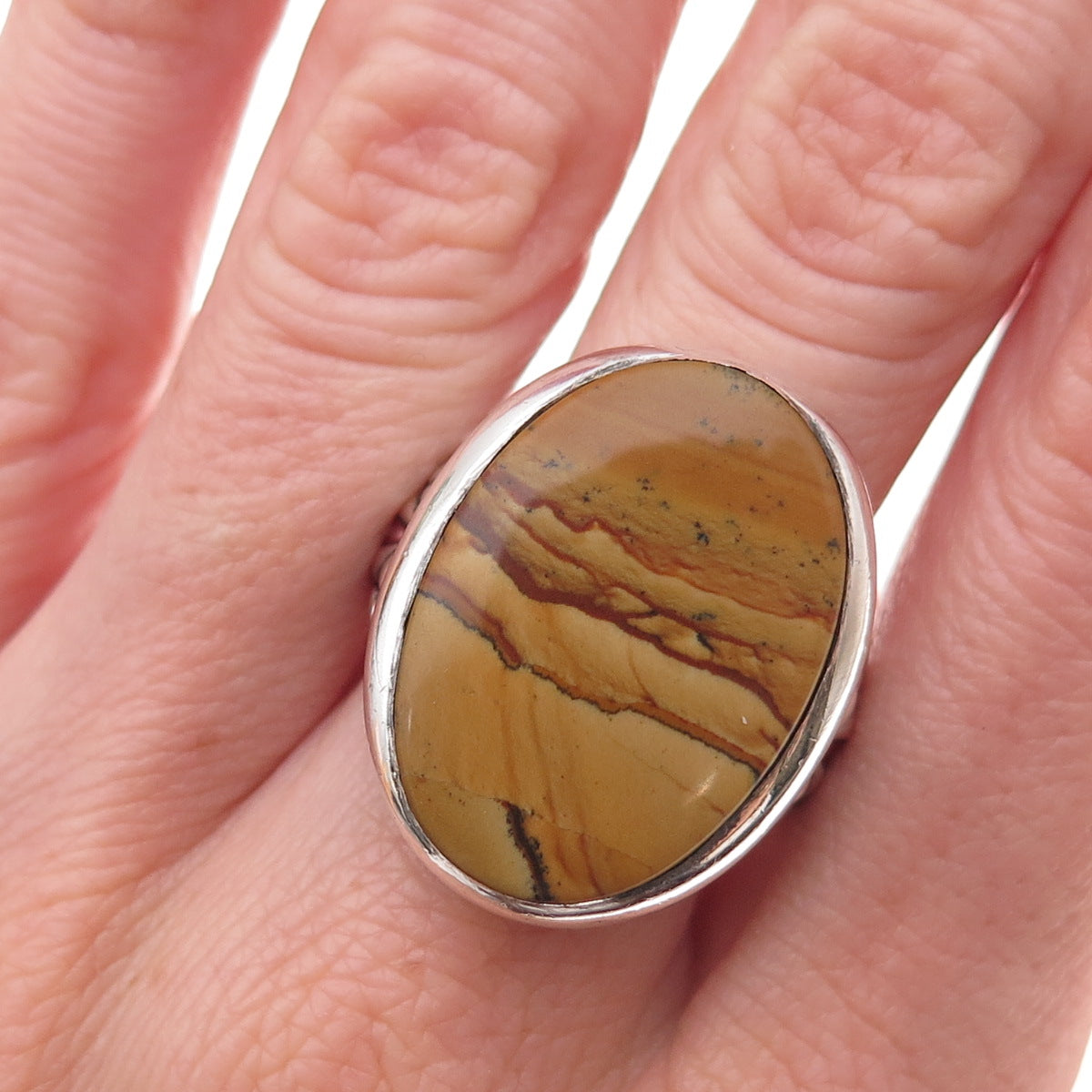 925 Sterling Silver Vintage Real Picture Jasper Oxidized Ring Size 11.5