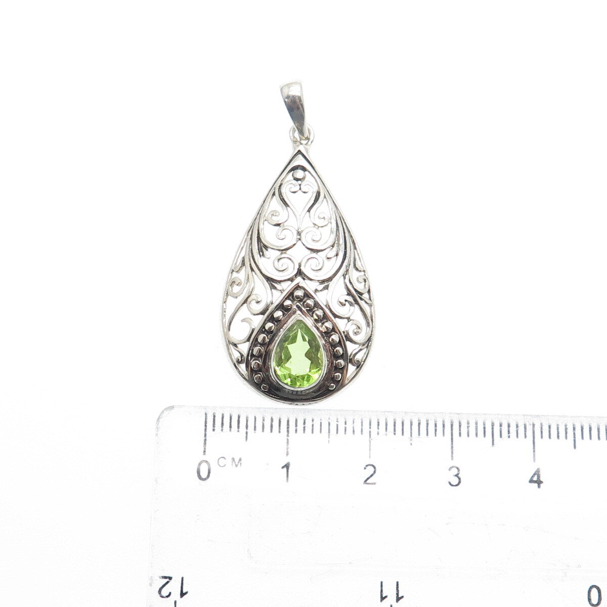 925 Sterling Silver Vintage GDS Real Pear-Cut Peridot Teardrop Ornate Pendant