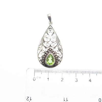 925 Sterling Silver Vintage GDS Real Pear-Cut Peridot Teardrop Ornate Pendant