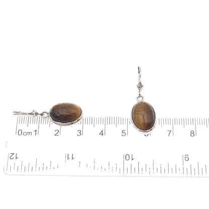 Gold Stone 925 Sterling Silver Vintage Real Tiger Eye Scarab Dangle Earrings