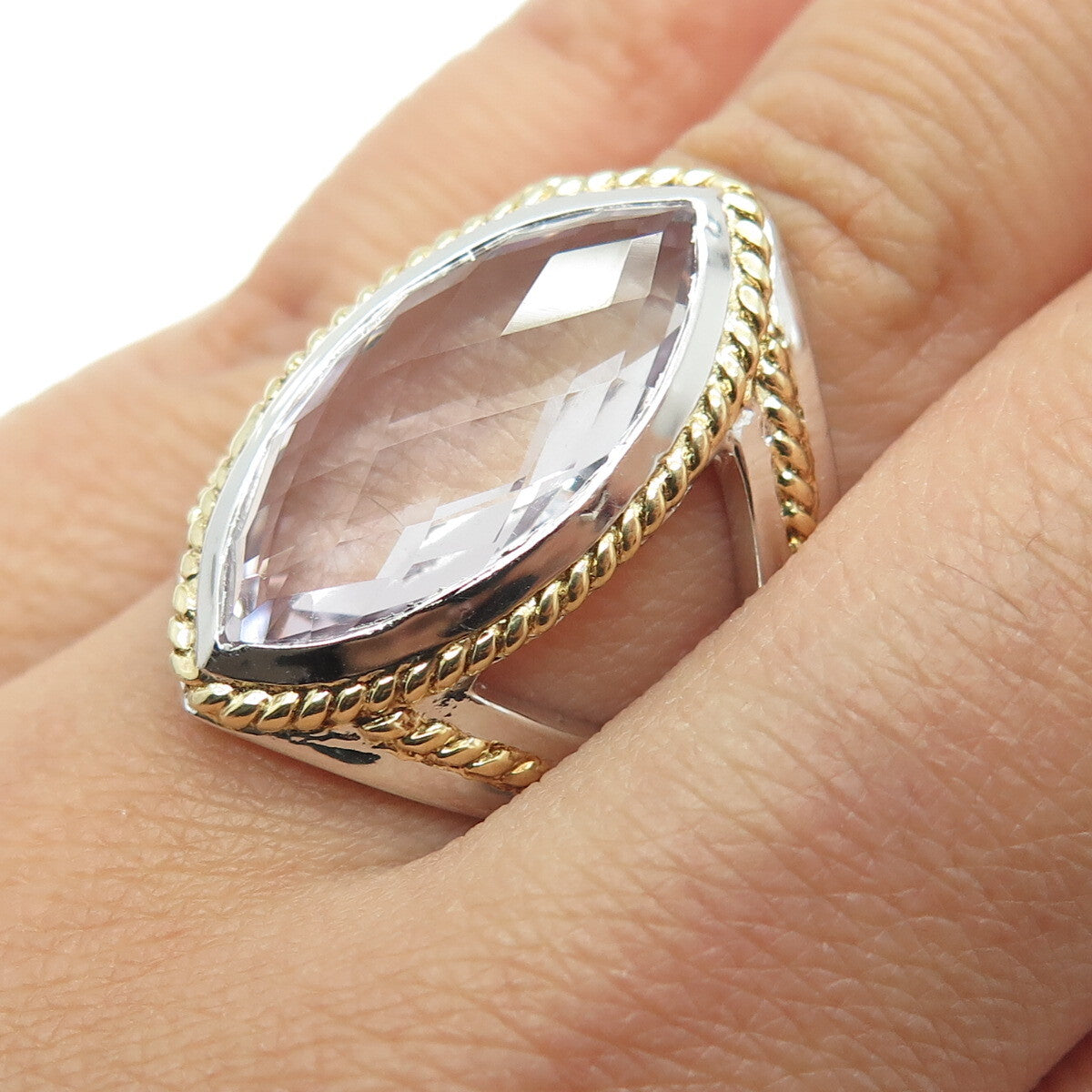925 Sterling Silver 2-Tone Real Marquise-Cut Amethyst Ring Size 7.25