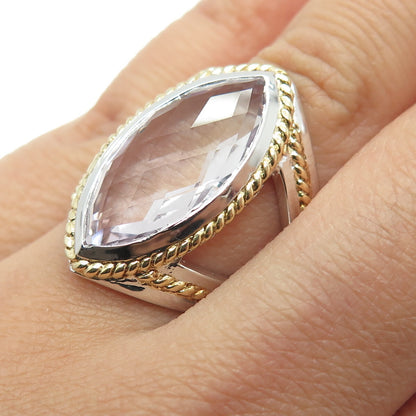 925 Sterling Silver 2-Tone Real Marquise-Cut Amethyst Ring Size 7.25