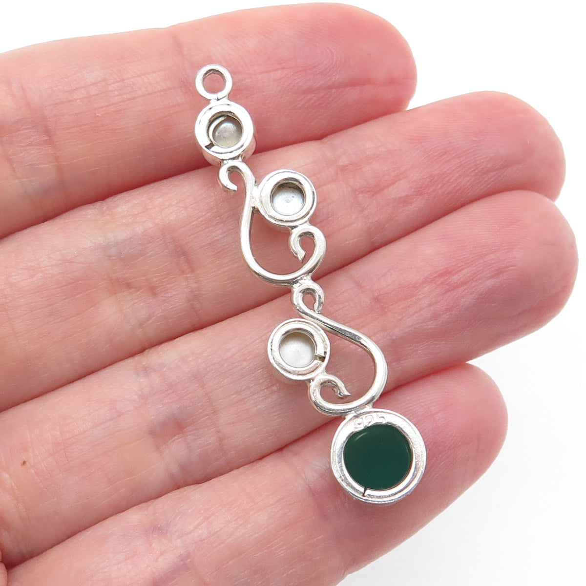 925 Sterling Silver Vintage Real Pearl & Green Chalcedony Swirl Pendant