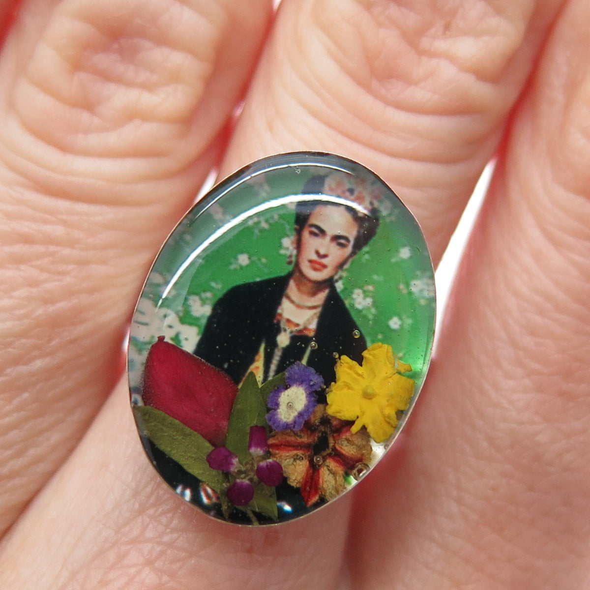925 Sterling Silver Vintage Enamel Frida Kahlo Pressed Flowers Ring Size 7.75
