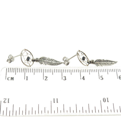 925 Sterling Silver Vintage Southwestern Real Black Onyx Dreamcatcher Earrings