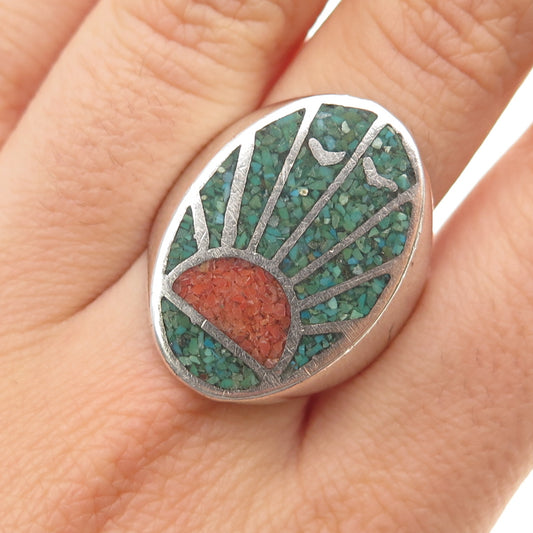 Old Pawn Sterling Silver Vintage Turquoise & Coral Inlay Sunrise Ring Size 10.75