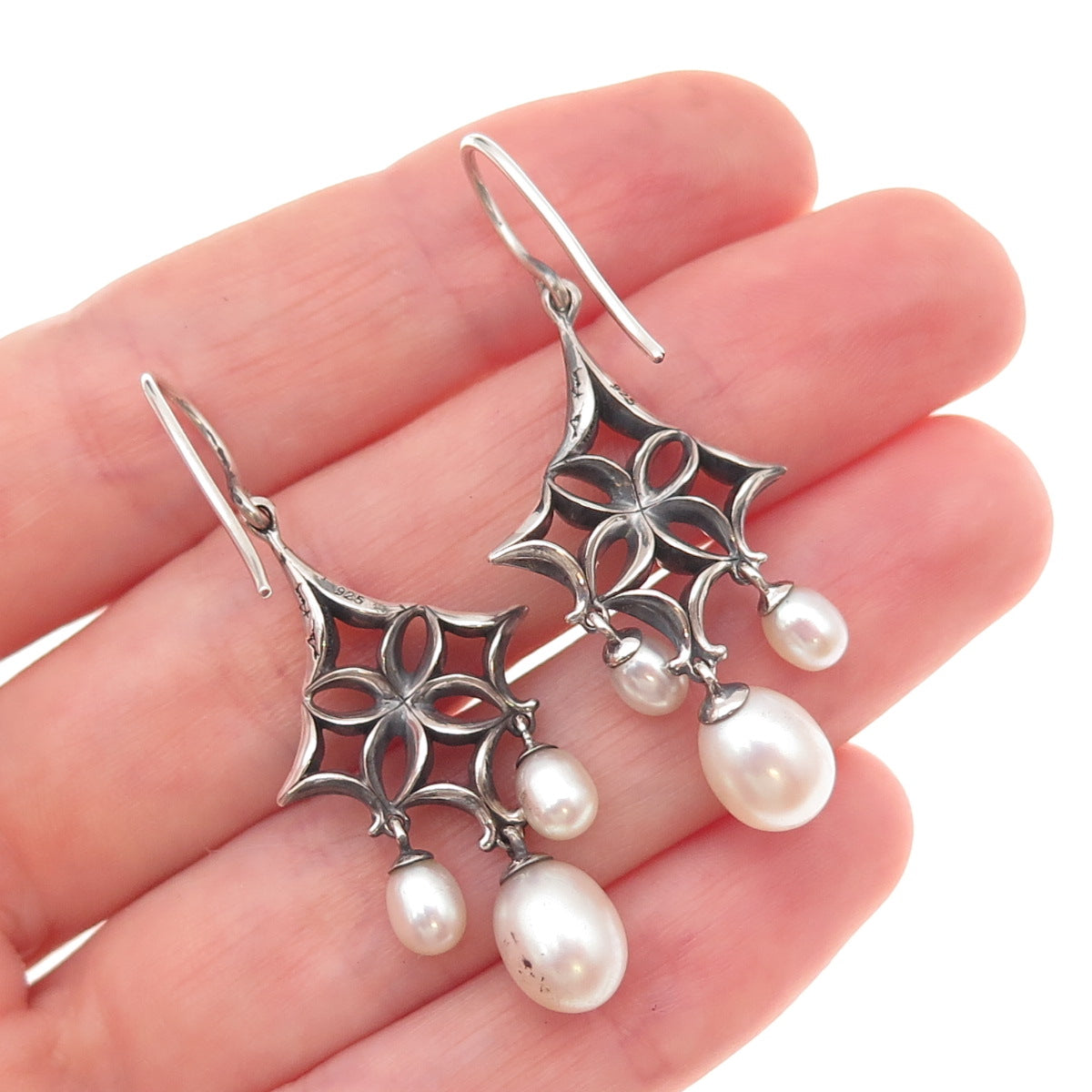 Ann King 925 Sterling Silver Vintage Real Pearl Floral Oxidized Dangle Earrings