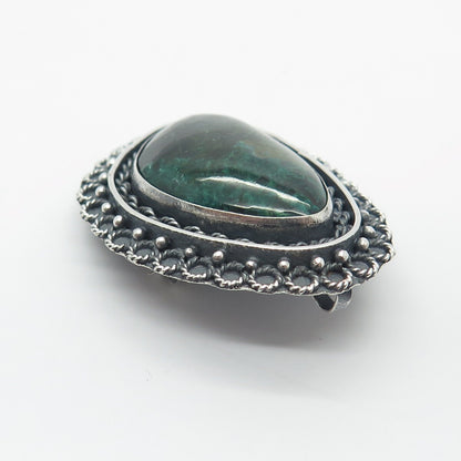 925 Sterling Silver Vintage Real Chrysocolla Gemstone Pin Brooch / Pendant