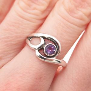 925 Sterling Silver Vintage Real Amethyst Modernist Swirl Ring Size 6.75