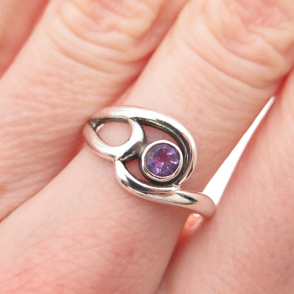 925 Sterling Silver Vintage Real Amethyst Modernist Swirl Ring Size 6.75