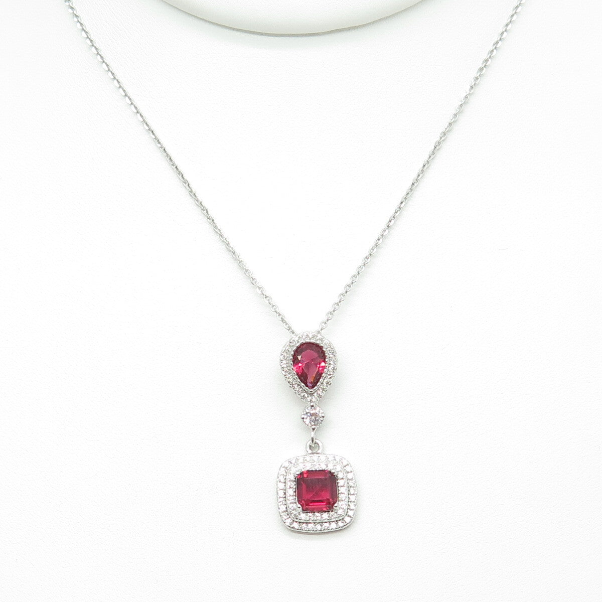 925 Sterling Silver Multi-Cut Pink & White C Z Cable Chain Necklace 16"