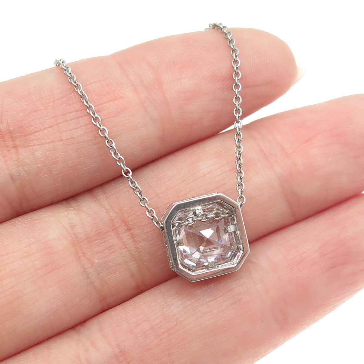 925 Sterling Silver Cushion-Cut Shaped C Z Rolo Chain Necklace 18"