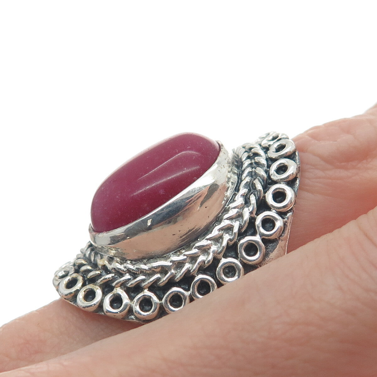 925 Sterling Silver Vintage Real Rhodonite Circle Link Oxidized Ring Size 8.75