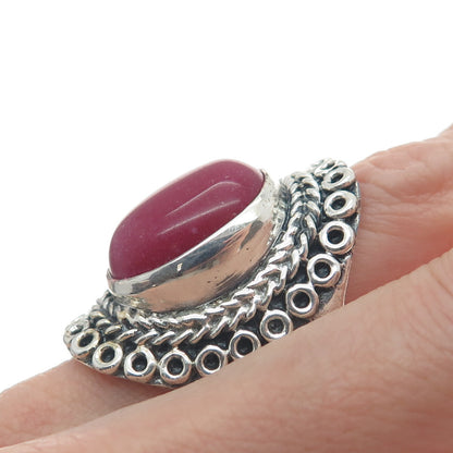 925 Sterling Silver Vintage Real Rhodonite Circle Link Oxidized Ring Size 8.75