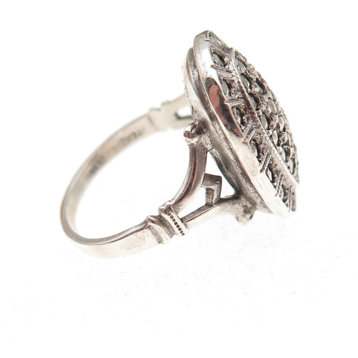 Theda Sterling Antique Art Deco Marcasite Oxidized Ring Size 6.5 (missing stone)