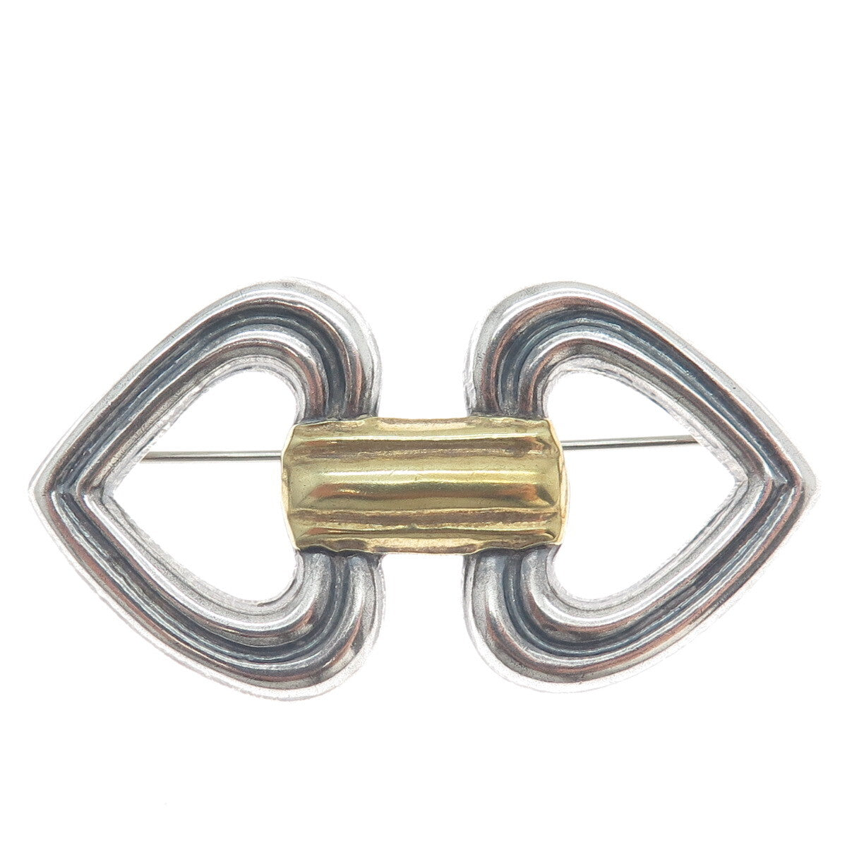 925 Sterling Silver 2-Tone Vintage Mexico Arrow Double Heart Oxidized Pin Brooch