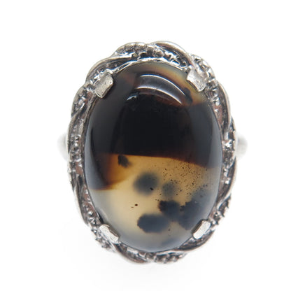 CLARK & COOMBS 925 Sterling Silver Antique Art Deco Real Agate Ring Size 6.75