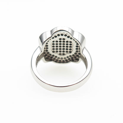 925 Sterling Silver Round-Cut Black C Z Flower Ring Size 7