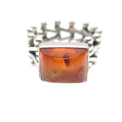 925 Sterling Silver Vintage Real Amber Modernist Oxidized Ring Size 6.5