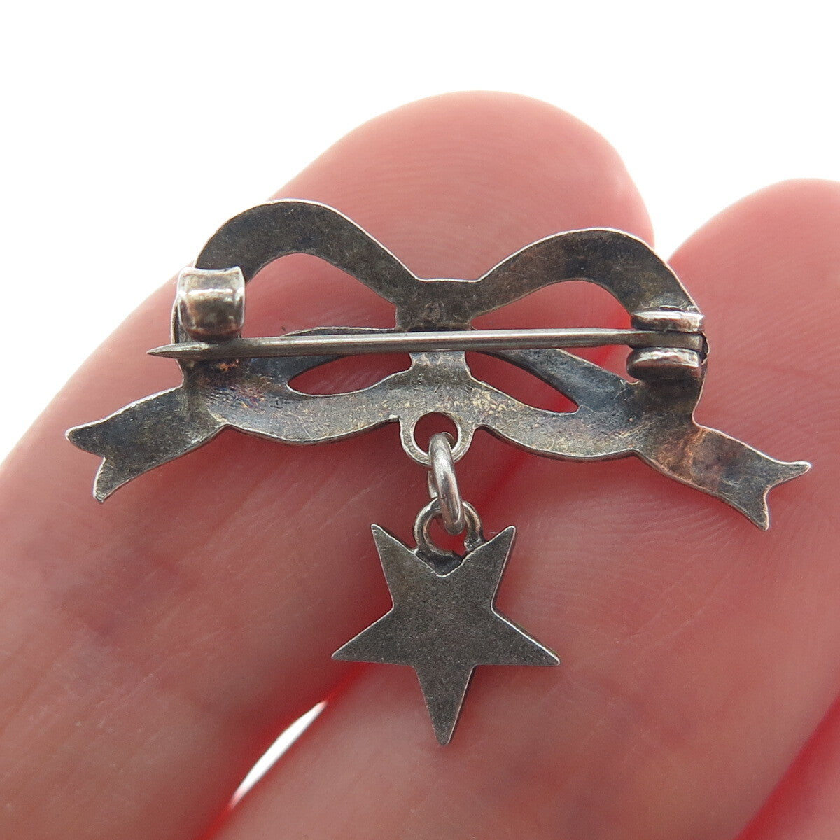925 Sterling Silver Antique Enamel Bow Masonic Star Dangle Oxidized Brooch