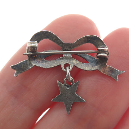 925 Sterling Silver Antique Enamel Bow Masonic Star Dangle Oxidized Brooch