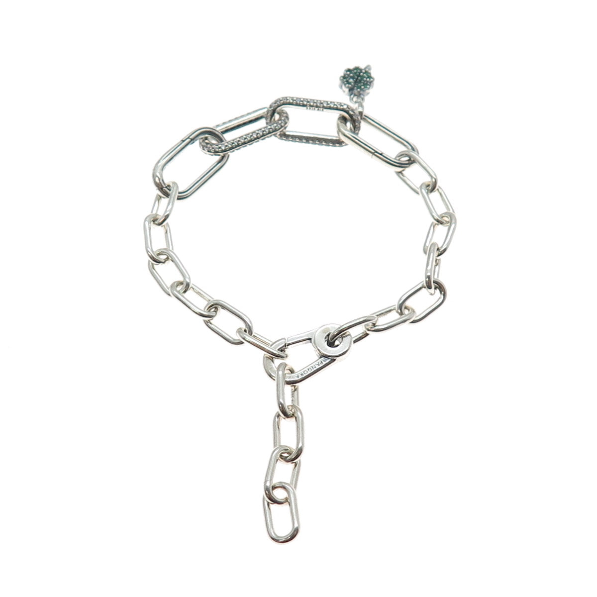 PANDORA 925 Sterling Silver White & Green C Z Clover Bracelet w/ Extension 6-7"