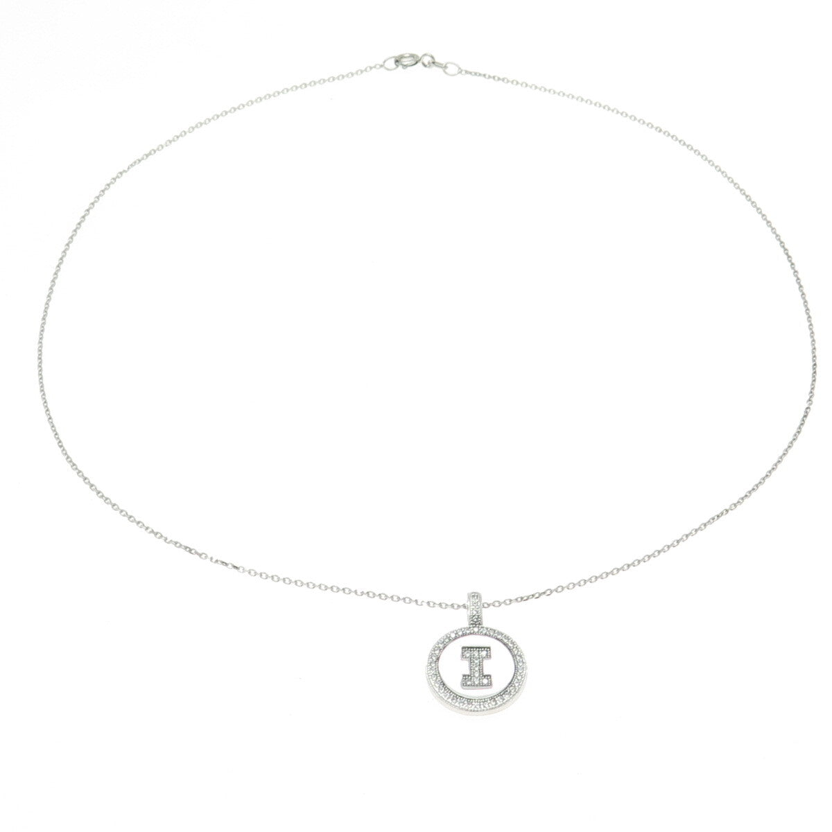 925 Sterling Silver Italy Pave C Z Letter "I" Initial Cable Chain Necklace 16"