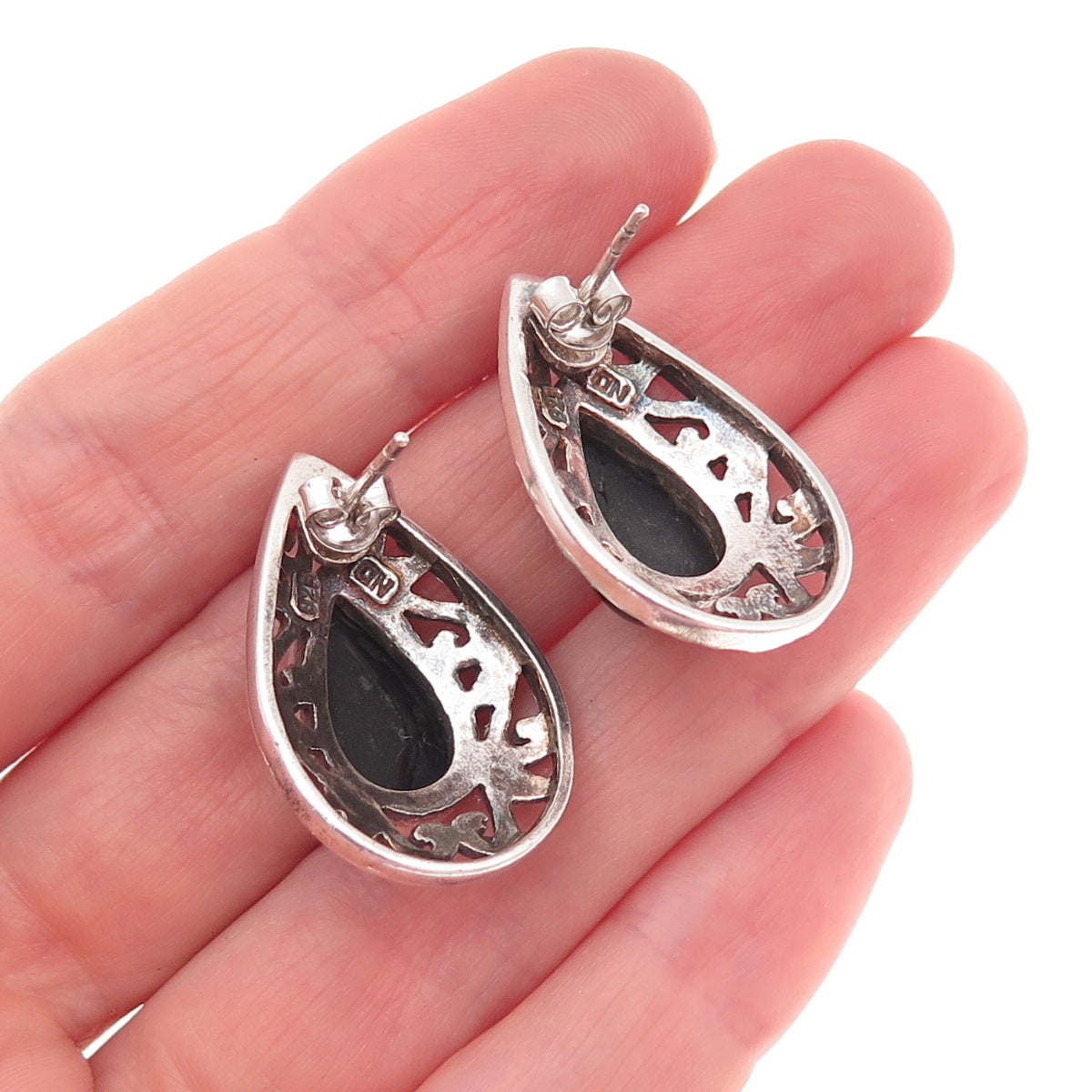 Chapal Zenray 925 Sterling Silver Vintage Real Black Onyx Teardrop Earrings