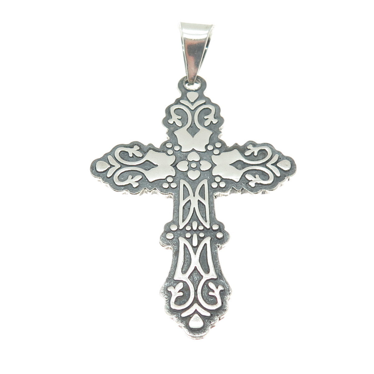 925 Sterling Silver Vintage CII Mexico Floral Cross Oxidized Pendant