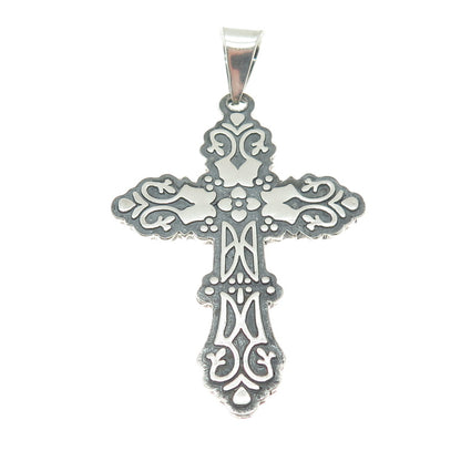 925 Sterling Silver Vintage CII Mexico Floral Cross Oxidized Pendant